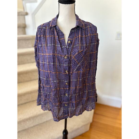 Free People Purple Orange Metallic Plaid Oversize Slouchy Button Down - Picture 2 of 8